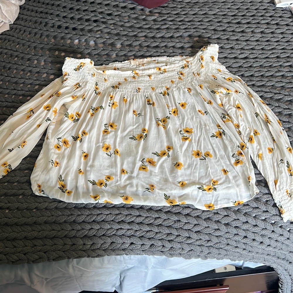 Rewind off the shoulder flowy white top with sunflowers